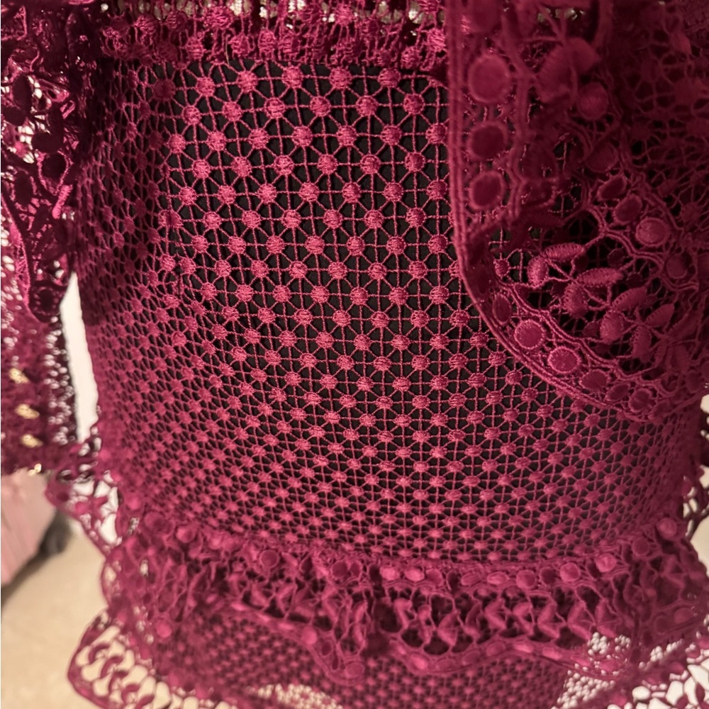 Self-Portrait Burgundy Long Sleeve Lace Dress - Picture 7 of 13
